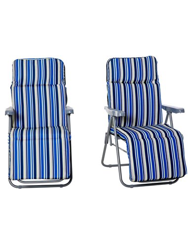 Outsunny Set of 2 Garden Sun Lounger Outdoor Reclining Seat Cushioned Seat Foldable Adjustable Recliner Blue and White