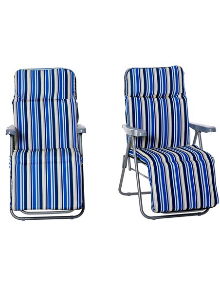 Outsunny Set of 2 Garden Sun Lounger Outdoor Reclining Seat Cushioned Seat Foldable Adjustable Recliner Blue and White - pic 14285 | FastDaddyshop