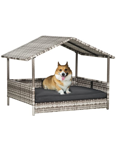 PawHut Wicker Dog House, Rattan Pet Bed, with Removable Cushion, Canopy, for Small and Medium Dogs - Dark Grey - pic 142850 | FastDaddyshop