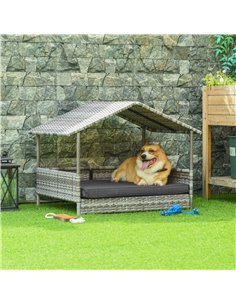 PawHut Wicker Dog House, Rattan Pet Bed, with Removable Cushion, Canopy, for Small and Medium Dogs - Dark Grey 2