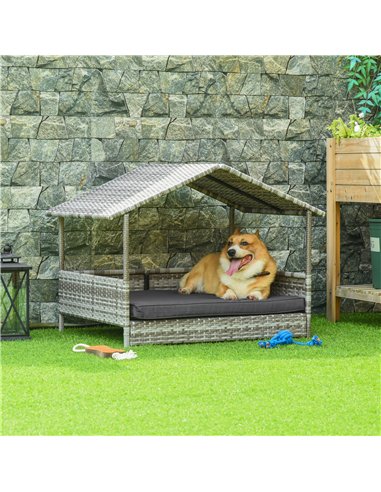 PawHut Wicker Dog House, Rattan Pet Bed, with Removable Cushion, Canopy, for Small and Medium Dogs - Dark Grey