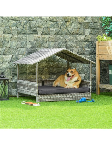 PawHut Wicker Dog House, Rattan Pet Bed, with Removable Cushion, Canopy, for Small and Medium Dogs - Dark Grey - pic 142851 | FastDaddyshop