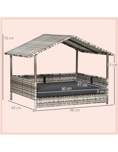 PawHut Wicker Dog House, Rattan Pet Bed, with Removable Cushion, Canopy, for Small and Medium Dogs - Dark Grey