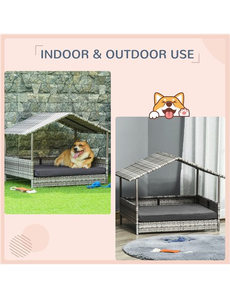 PawHut Wicker Dog House, Rattan Pet Bed, with Removable Cushion, Canopy, for Small and Medium Dogs - Dark Grey - pic 142853 | FastDaddyshop