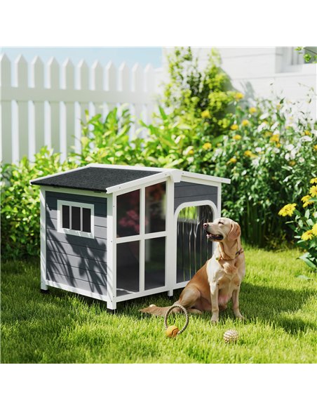 PawHut Wooden Dog Kennel with Removable Floor, Asphalt and Openable Roof, Giant Window for Large Dogs, Charcoal Grey - pic 142860 | FastDaddyshop