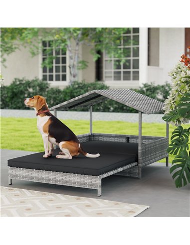 PawHut Extendable Elevated Dog Bed, Rattan Dog House, with Water-Resistant Roof, Removable Cushion, Charcoal Grey
