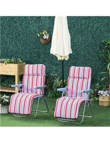 Outsunny Set of 2 Garden Sun Lounger Outdoor Reclining Seat Cushioned Seat Foldable Adjustable Recliner Red and White