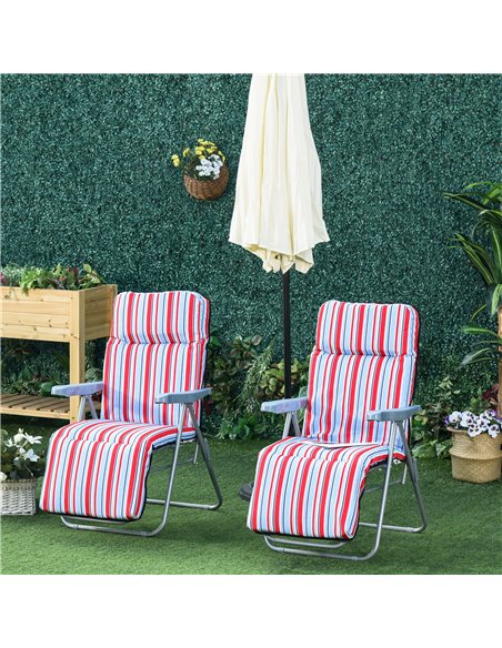 Outsunny Set of 2 Garden Sun Lounger Outdoor Reclining Seat Cushioned Seat Foldable Adjustable Recliner Red and White - pic 14287 | FastDaddyshop