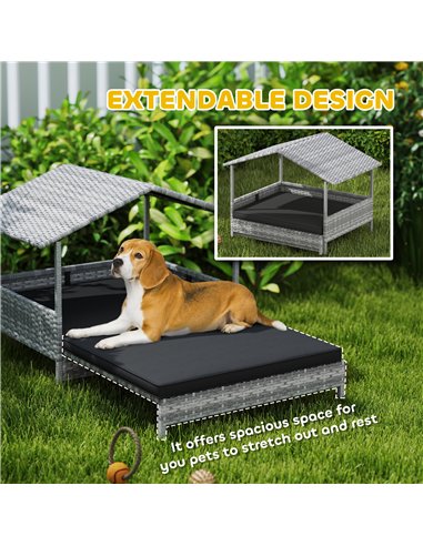 PawHut Extendable Elevated Dog Bed, Rattan Dog House, with Water-Resistant Roof, Removable Cushion, Charcoal Grey
