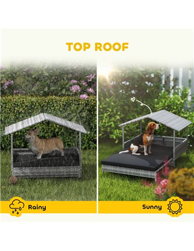 PawHut Extendable Elevated Dog Bed, Rattan Dog House, with Water-Resistant Roof, Removable Cushion, Charcoal Grey
