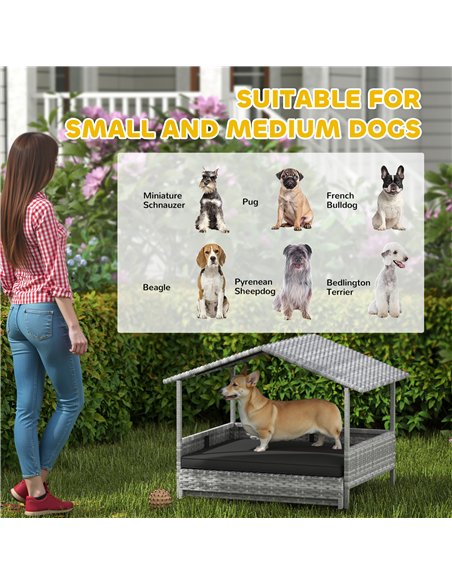 PawHut Extendable Elevated Dog Bed, Rattan Dog House, with Water-Resistant Roof, Removable Cushion, Charcoal Grey - pic 142874 | FastDaddyshop