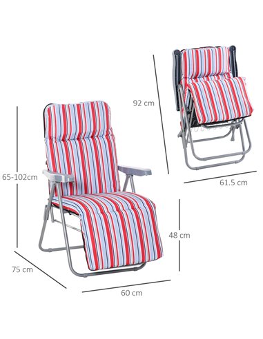 Outsunny Set of 2 Garden Sun Lounger Outdoor Reclining Seat Cushioned Seat Foldable Adjustable Recliner Red and White