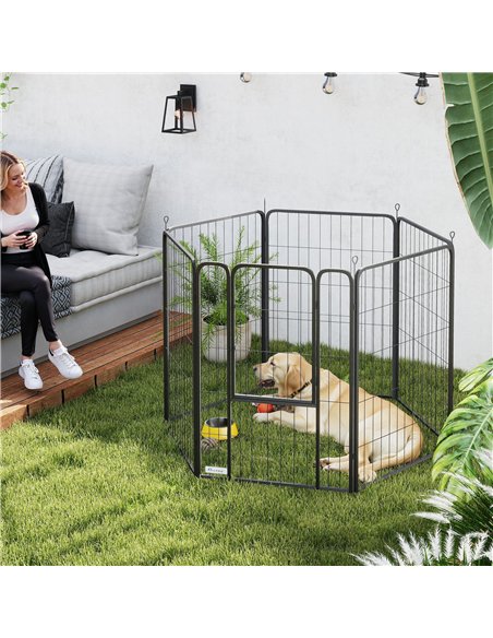 PawHut 6 Panels Heavy Duty Dog Playpen with Secure Door, for Indoor Outdoor, for Garden, Camping, 100cm High - pic 142905 | FastDaddyshop