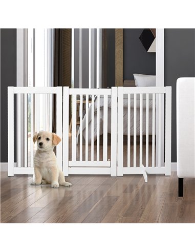 PawHutPet Gates MDF Freestanding Expandable Dog Gate Wood Doorway Pet Barrier Fence w/ Latched Door White