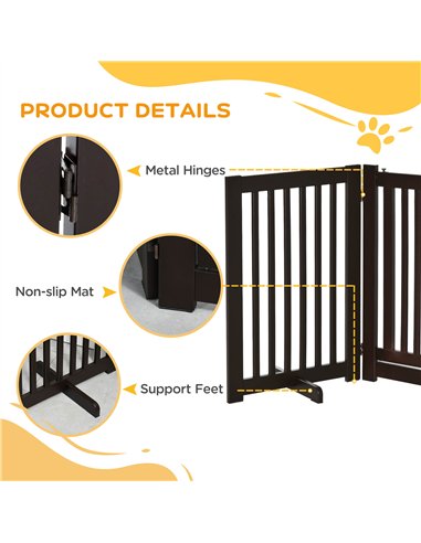 PawHut Freestanding Dog Gate, Foldable Pet Fence, Indoor Barrier, Stair Gate with Support Feet, 155 x 76 cm, Brown