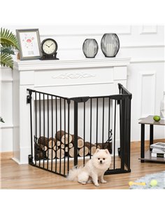 PawHut Pet Safety Gate, 3 Panels Playpen Fireplace, Metal Fence, Stair Barrier, Room Divider w/ Walk-Through Door - Black 2