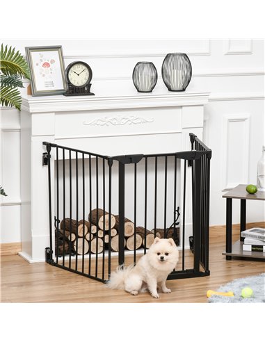 PawHut Pet Safety Gate, 3 Panels Playpen Fireplace, Metal Fence, Stair Barrier, Room Divider w/ Walk-Through Door - Black