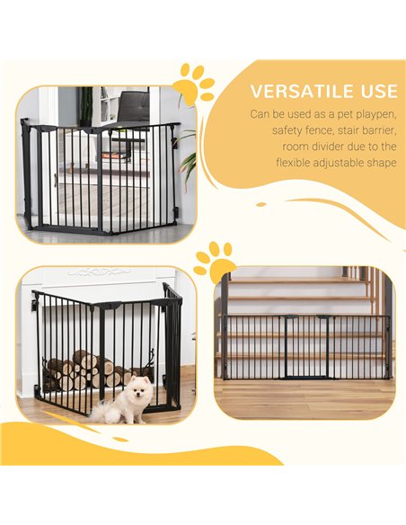 PawHut Pet Safety Gate, 3 Panels Playpen Fireplace, Metal Fence, Stair Barrier, Room Divider w/ Walk-Through Door - Black - pic 142988 | FastDaddyshop