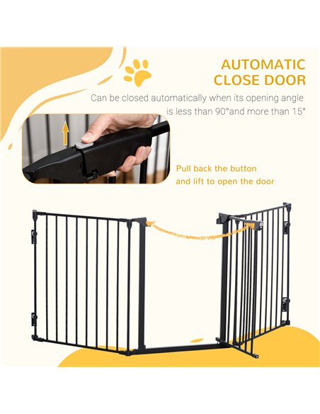 PawHut Pet Safety Gate, 3 Panels Playpen Fireplace, Metal Fence, Stair Barrier, Room Divider w/ Walk-Through Door - Black - pic 142990 | FastDaddyshop