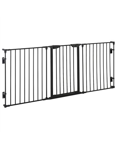 PawHut Pet Safety Gate, 3 Panels Playpen Fireplace, Metal Fence, Stair Barrier, Room Divider w/ Walk-Through Door - Black