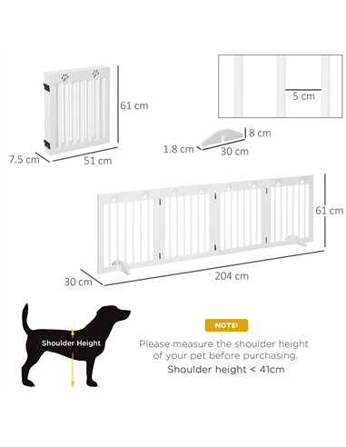 PawHut Freestanding Pet Gate 4 Panel Wooden Dog Barrier Folding Safety Fence with Support Feet up to 204cm Long 61cm Tall for Do