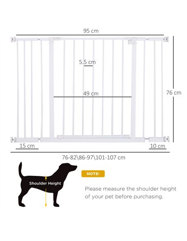 PawHut Dog Gate Pet Safety Gate Stair Barrier Pressure Fit Adjustable 76-82/86-97/101-107 cm, White