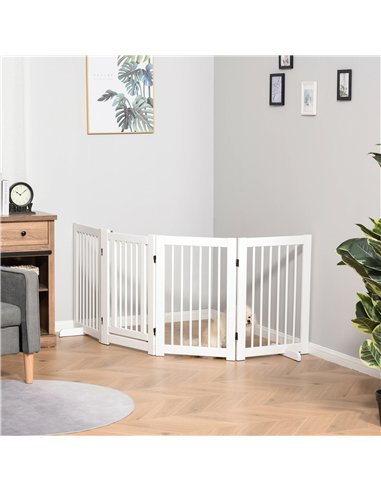 PawHut Freestanding Pet Gate 4 Panels Wooden Dog Safety Fence Foldable with Support Feet for Doorway Stairs 91cm Tall White