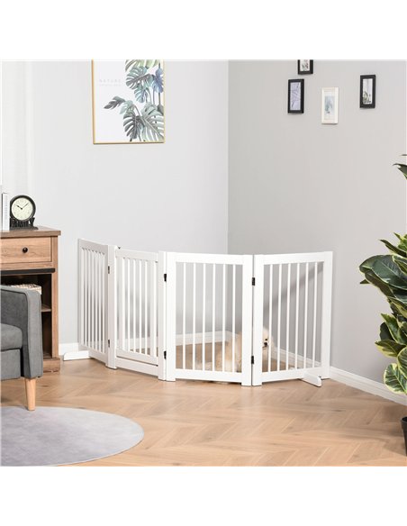 PawHut Freestanding Pet Gate 4 Panels Wooden Dog Safety Fence Foldable with Support Feet for Doorway Stairs 91cm Tall White - pic 143058 | FastDaddyshop