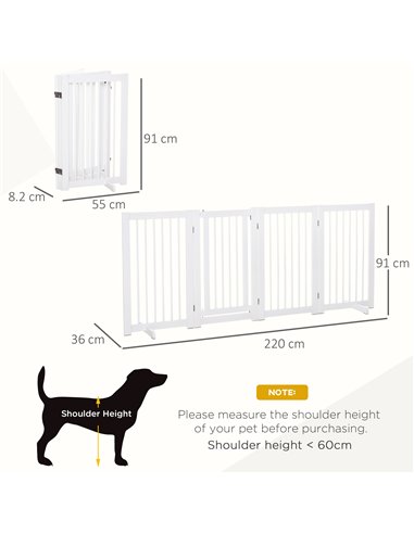 PawHut Freestanding Pet Gate 4 Panels Wooden Dog Safety Fence Foldable with Support Feet for Doorway Stairs 91cm Tall White