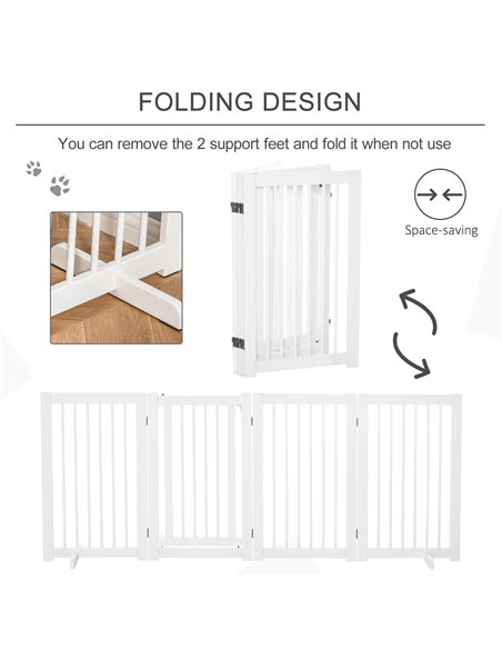 PawHut Freestanding Pet Gate 4 Panels Wooden Dog Safety Fence Foldable with Support Feet for Doorway Stairs 91cm Tall White - pic 143060 | FastDaddyshop