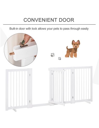PawHut Freestanding Pet Gate 4 Panels Wooden Dog Safety Fence Foldable with Support Feet for Doorway Stairs 91cm Tall White