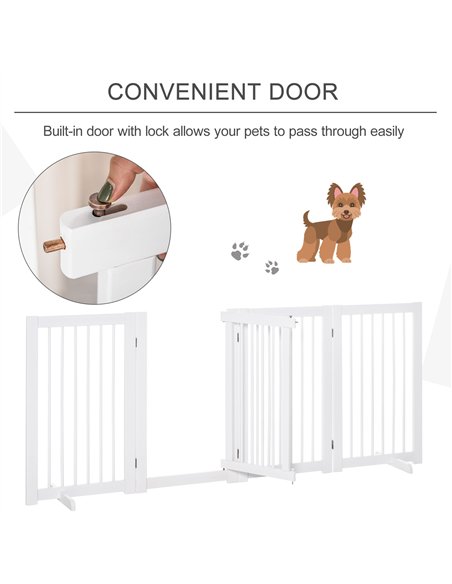 PawHut Freestanding Pet Gate 4 Panels Wooden Dog Safety Fence Foldable with Support Feet for Doorway Stairs 91cm Tall White - pic 143061 | FastDaddyshop