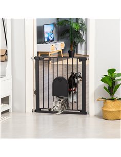 PawHut Dog Gate with Cat Flap Pet Safety Gate Barrier, Stair Pressure Fit, Auto Close, Double Locking, for Doorways, Hallways, 7 2