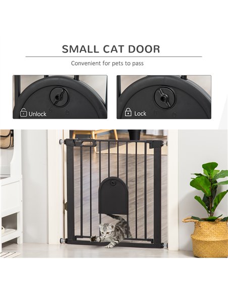 PawHut Dog Gate with Cat Flap Pet Safety Gate Barrier, Stair Pressure Fit, Auto Close, Double Locking, for Doorways, Hallways, 7 - pic 143080 | FastDaddyshop