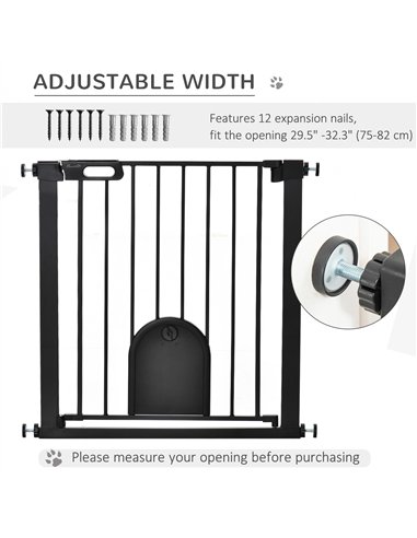 PawHut Dog Gate with Cat Flap Pet Safety Gate Barrier, Stair Pressure Fit, Auto Close, Double Locking, for Doorways, Hallways, 7