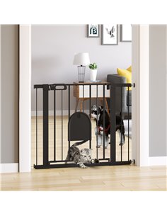 PawHut Dog Gate with Cat Flap Pet Safety Gate Barrier, Stair Pressure Fit, Auto Close, Double Locking, for Doorways, Hallways, 7 2