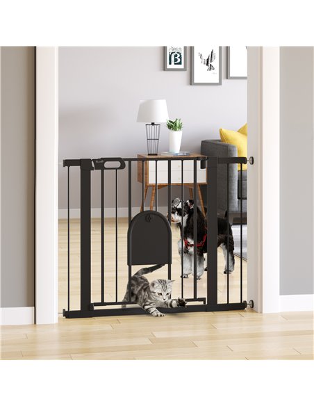PawHut Dog Gate with Cat Flap Pet Safety Gate Barrier, Stair Pressure Fit, Auto Close, Double Locking, for Doorways, Hallways, 7 - pic 143085 | FastDaddyshop