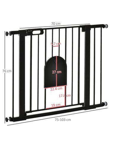 PawHut Dog Gate with Cat Flap Pet Safety Gate Barrier, Stair Pressure Fit, Auto Close, Double Locking, for Doorways, Hallways, 7