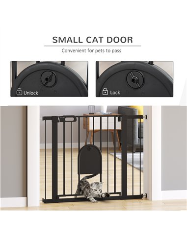 PawHut Dog Gate with Cat Flap Pet Safety Gate Barrier, Stair Pressure Fit, Auto Close, Double Locking, for Doorways, Hallways, 7
