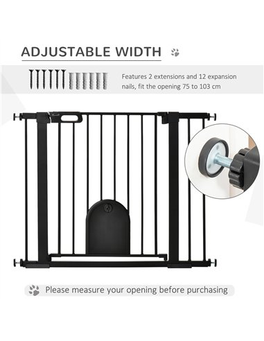 PawHut Dog Gate with Cat Flap Pet Safety Gate Barrier, Stair Pressure Fit, Auto Close, Double Locking, for Doorways, Hallways, 7