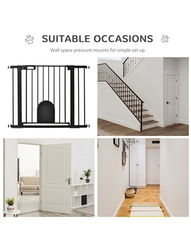 PawHut Dog Gate with Cat Flap Pet Safety Gate Barrier, Stair Pressure Fit, Auto Close, Double Locking, for Doorways, Hallways, 7