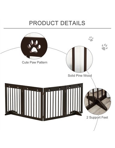PawHut Freestanding Pet Gate 4 Panel Wooden Dog Barrier Folding Safety Fence with Support Feet up to 204cm Long 61cm Tall for Do