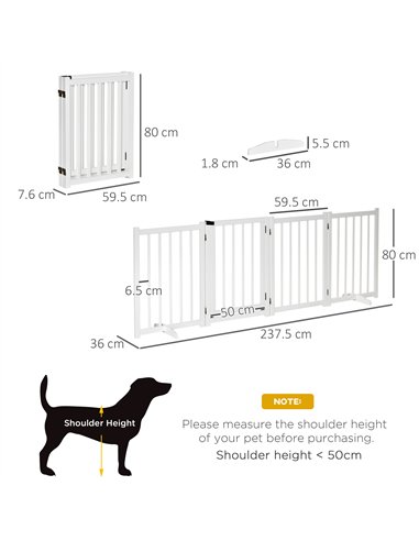 PawHut Wooden Dog Gate, Dog Fence Indoor, 80 cm Tall Freestanding Pet Gate for Small and Medium Dogs with 4 Panels, 2 Support Fe