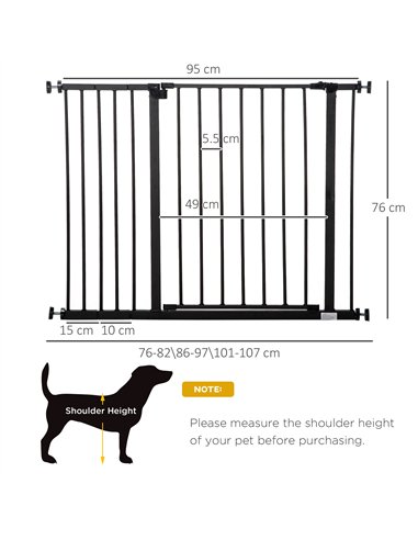 PawHut Dog Gate Pet Safety Gate Stair Barrier Pressure Fit Adjustable 76-82/86-97/101-107 cm, Black