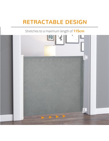 PawHut Retractable Stair Gate for Dogs, Pet Mesh Safety Gate Extends up to 115cm for Doorways Indoor- Grey