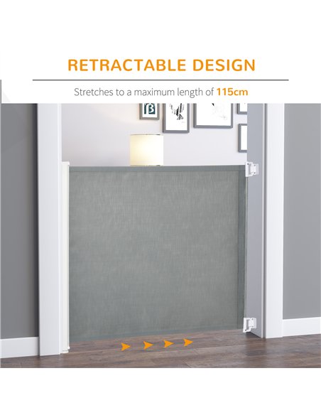 PawHut Retractable Stair Gate for Dogs, Pet Mesh Safety Gate Extends up to 115cm for Doorways Indoor- Grey - pic 143187 | FastDaddyshop