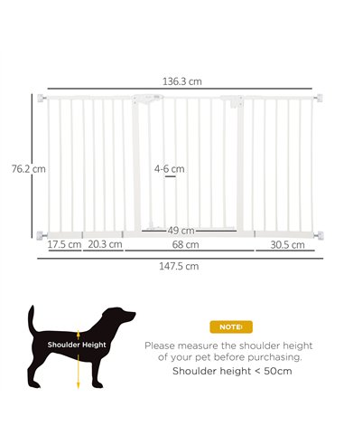 PawHut Dog Gate Stair Gate Pressure Fit Pets Barrier Auto Close for Doorway Hallway, 74-148cm Wide Adjustable, White