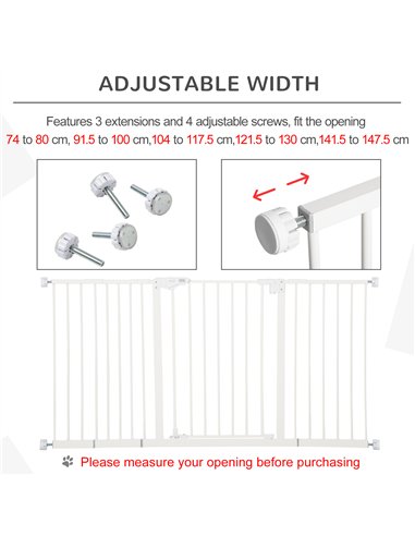PawHut Dog Gate Stair Gate Pressure Fit Pets Barrier Auto Close for Doorway Hallway, 74-148cm Wide Adjustable, White