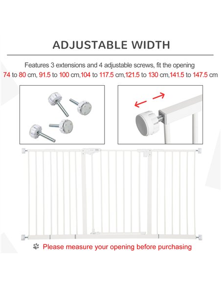 PawHut Dog Gate Stair Gate Pressure Fit Pets Barrier Auto Close for Doorway Hallway, 74-148cm Wide Adjustable, White - pic 143198 | FastDaddyshop