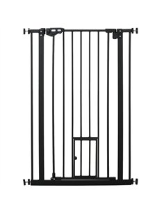 PawHut Extra Tall Pet Gate, Indoor Dog Safety Gate, with Cat Flap, Auto Close, 74-80cm Wide - Black